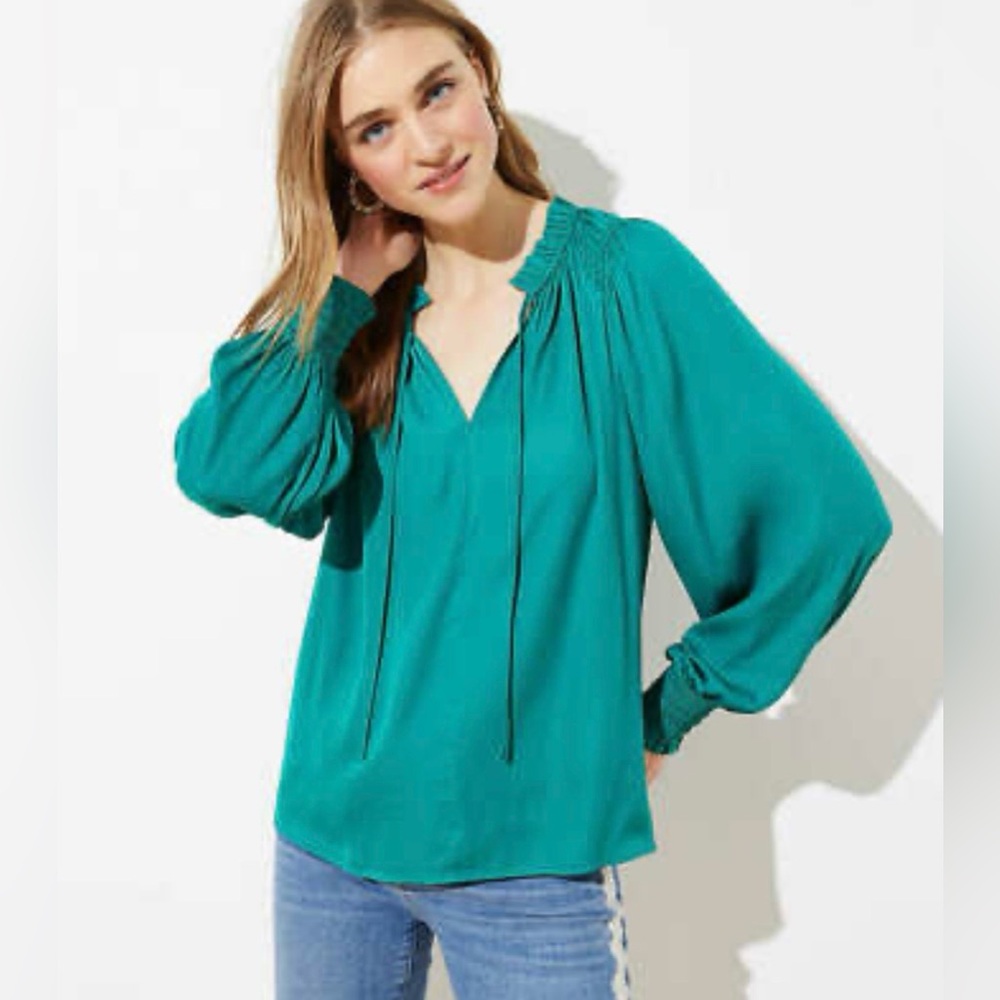 LOFT Emerald Green Ruffle V-Neck Long Sleeve Blouse